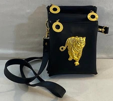 NIMA Black Crossbody Purse Bag 3D 3 Compartment w/ Gold Tiger