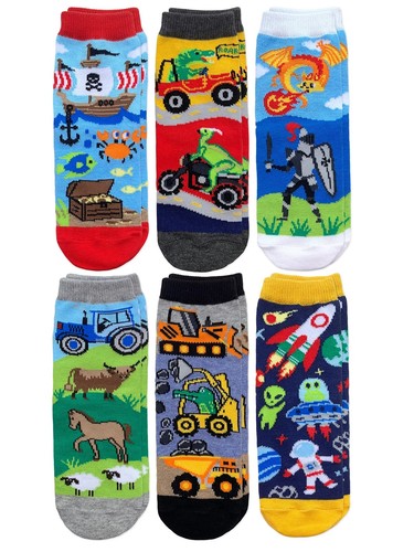 Boy's Space Pirate Dinosaur Fun Colorful Pattern Crew Socks 6 Pack, Multi, Small