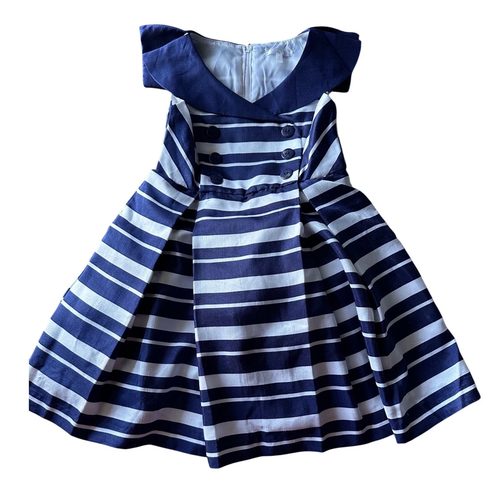 Girls Tahari Navy Blue White Striped Nautical Sailor Dress Anchor Buttons Size 5