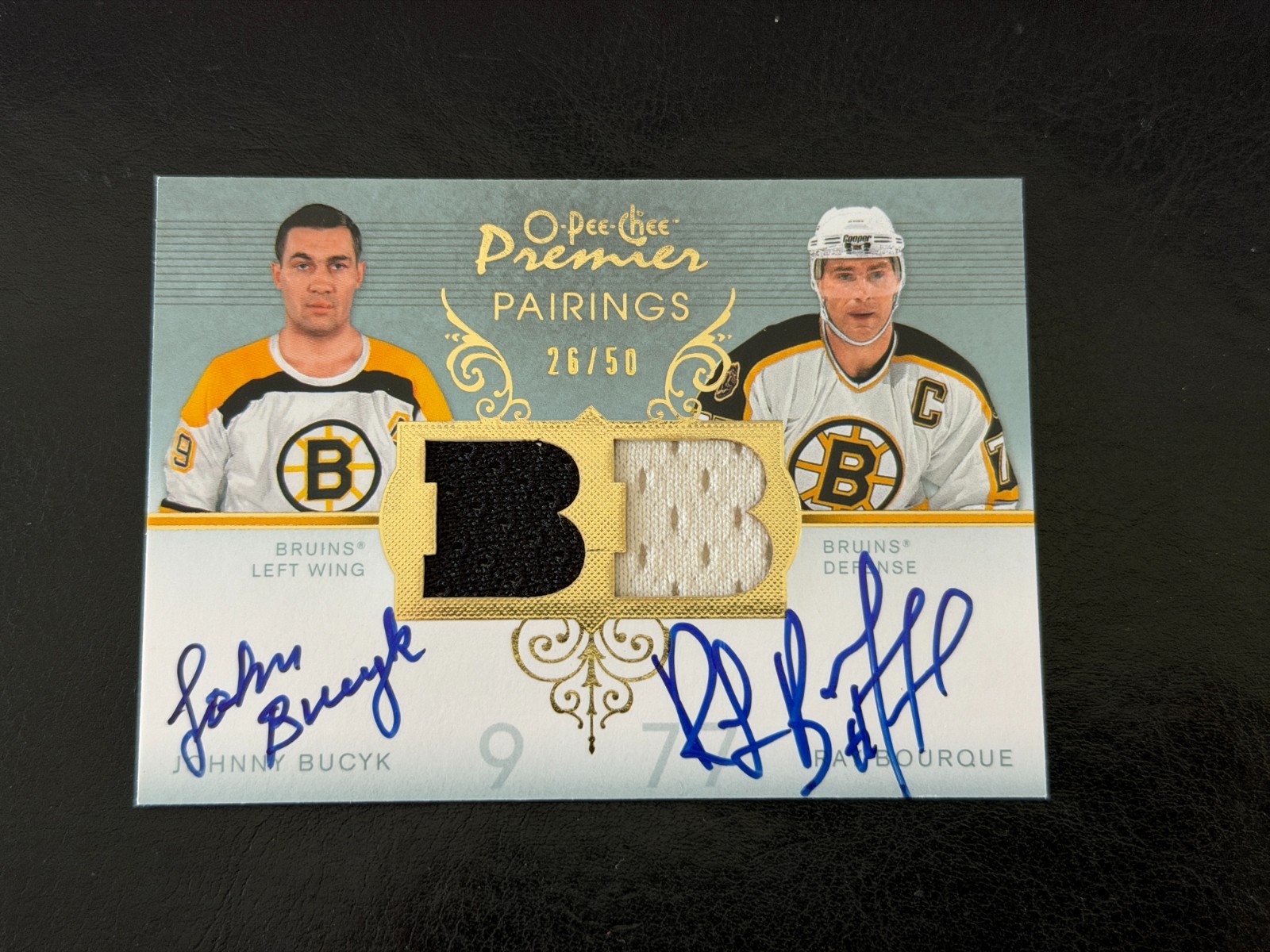 2007-08 OPC Premier Ray Bourque Johnny Bucyk Dual GU Jersey Auto Autograph /50