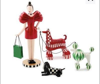 Brand New Mackenzie Childs Check It Out Shopper Lady With Dogs Figurine