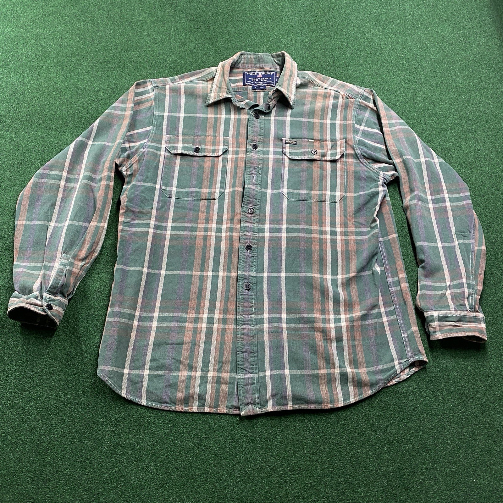 Vintage Polo Sport Flannel Shirt Mens L Green 90S Sportsman Plaid Ralph Lauren