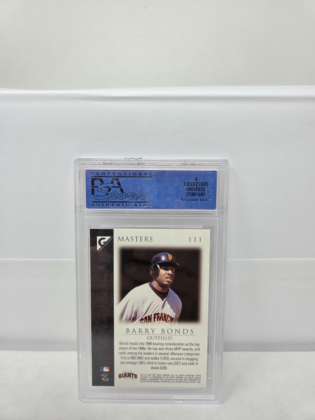 1999 Topps Gallery MASTERS - BARRY BONDS Baseball Card PSA 10 GEM MINT (Pop 8) view 2