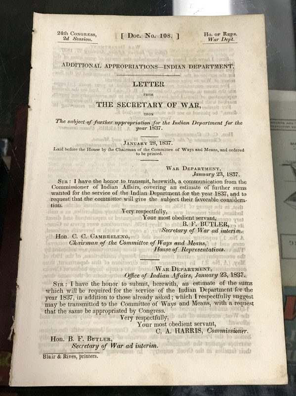1837 Sec. Of War Appropriations For Indian Department Creek Potawatomies Choctaw