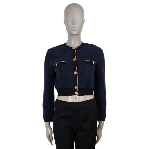 74130 authentische CHANEL marineblau Baumwolle 19C LA PAUSA FROTTEE CROP CARDIGAN Jacke 36 XS