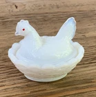 Vtg 2" Mini Milk Glass Hen Chick  Basket Nest Salt Cellar Red Eye Westmoreland