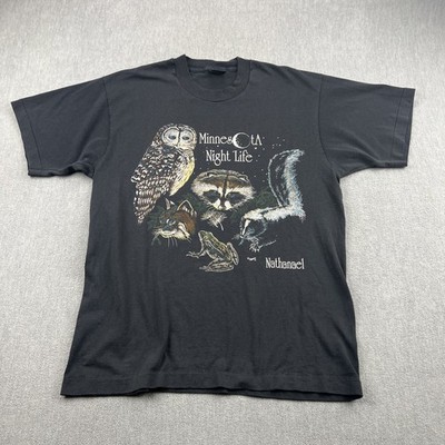 Vintage 90s Single Stitch Screen Stars Owl Nature T-Shirt Size L* Black USA Made