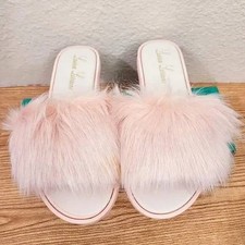 Lauren Lorraine Pink Furry Slides Fluffy Slippers Comfort Sandals Sz S / S2640
