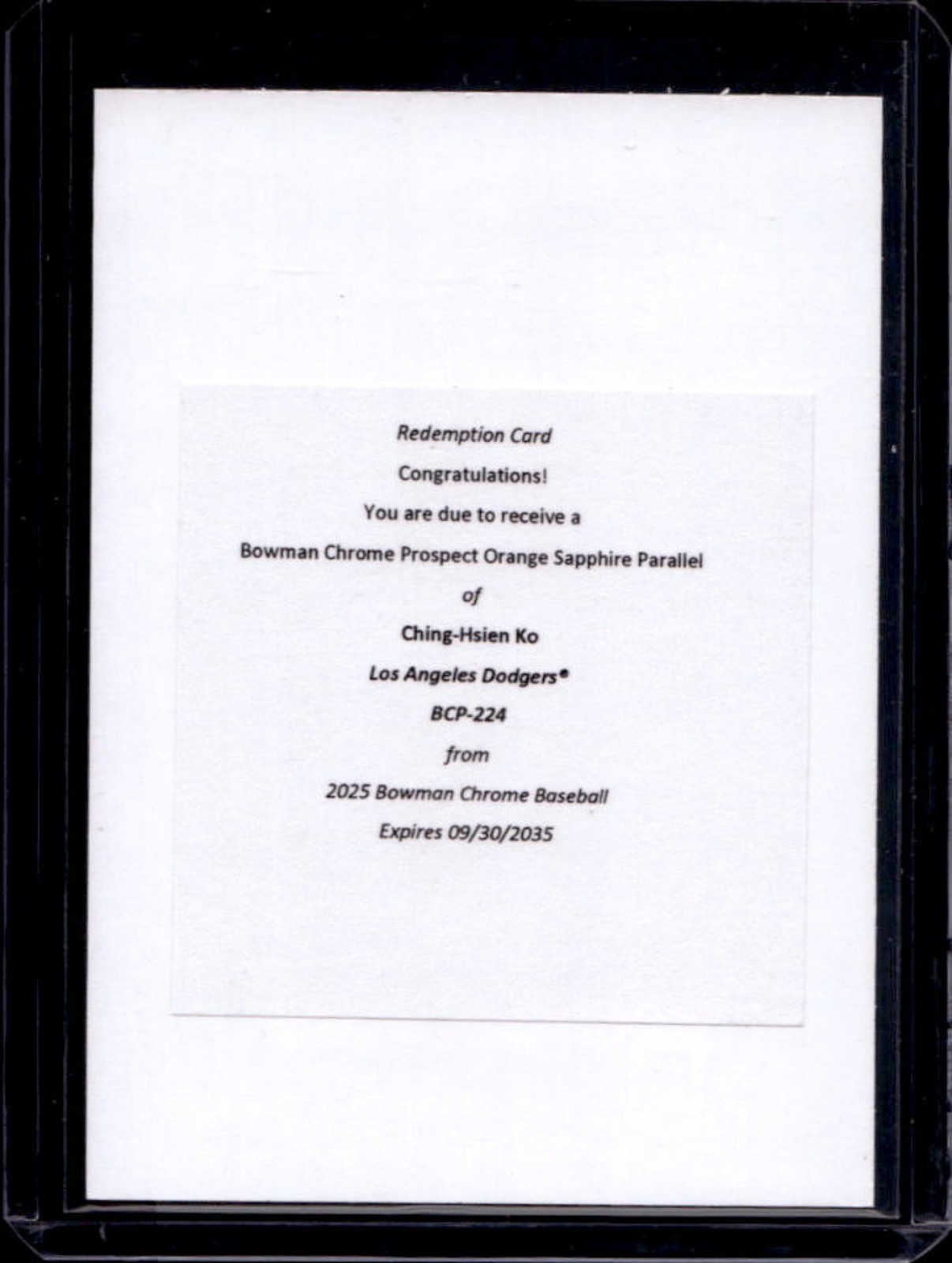 2025 Bowman Chrome Sapphire Ching-Hsien Ko Redemption Orange Refractor 1st #/25