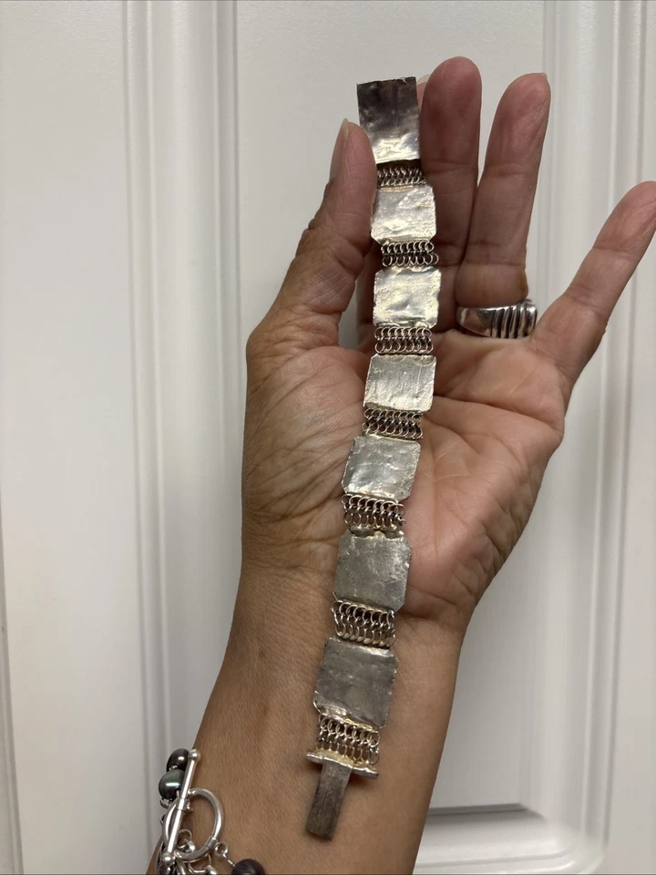 "Antiguo brazalete chino de plata estilo Scrimshaw de 7"" con panel de hueso" Foto 4 de 4