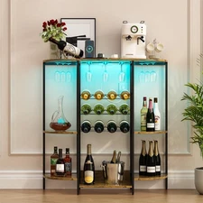 Bar Cabinet with LED Lights & Power Outlets, Freestanding Mini Bar for Liquor...