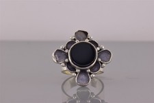 Sterling Silver Round Black Onyx Beaded Flower Band Ring 11g 925 Sz: 7