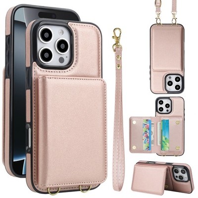 For iPhone 17 16 15 14 13 12 PU Leather RFID Card Crossbody Strap Wallet Case