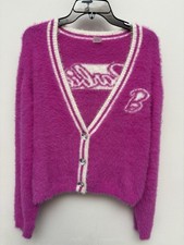 Barbie Womens XL Cropped Cardigan Sweater Pink Fuzzy Knit Varsity Heart Buttons