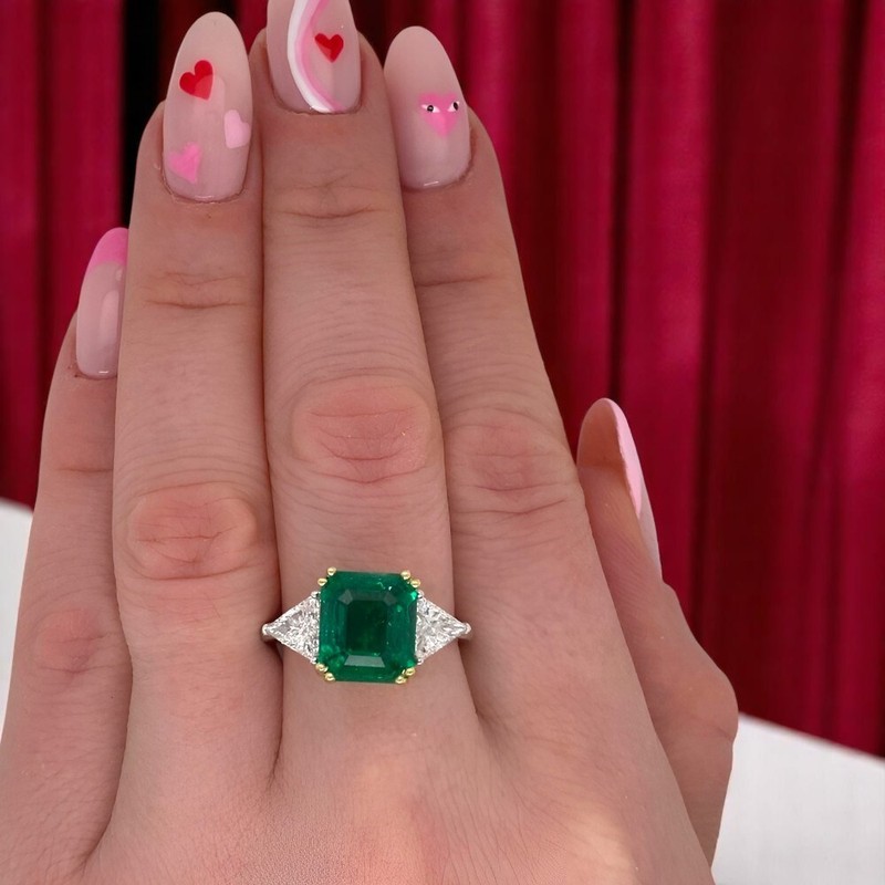 Diamond Wedding Ring 18K Multi Gold Emerald Cut Green Emerald 4.80 Ct Lab Grown