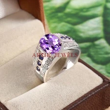 Natural Amethyst & Heated Sapphire With 925 Sterling Silver Men's Ring #4960