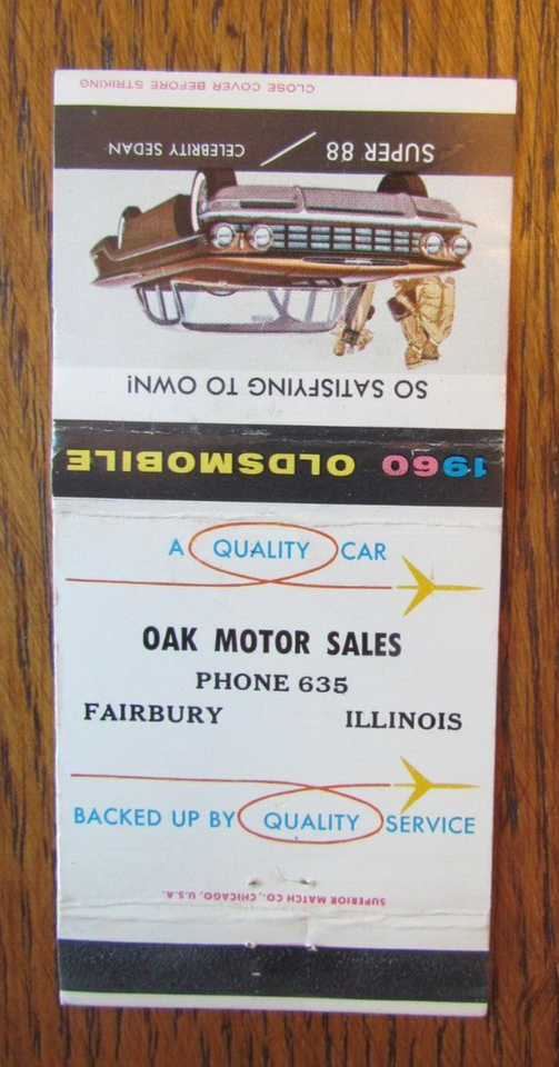 1960 OAK MOTOS OLDSMOBILE CAR DEALER MATCHBOOK COVER FAIRBURY