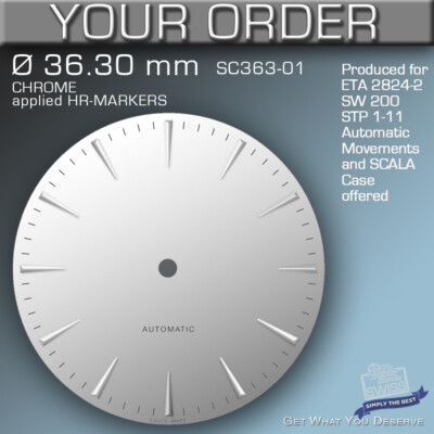 DIAL, ETA 2824-2 + SW 200, STP 1-11, Ø 36.3 MM BLACK+SILVER, APPLIED HR MARKERS