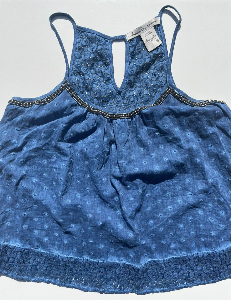 American Rag sleeveless Shirt Size S Indigo Embroidered Beaded Spaghetti Strap - Image 4 of 4
