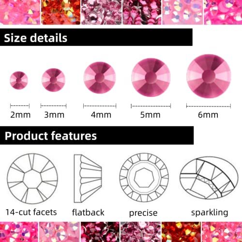 5 Boxes Shiny Colorful Nail Art Rhinestones Kit Crystals AB Flatback Jelly Pink