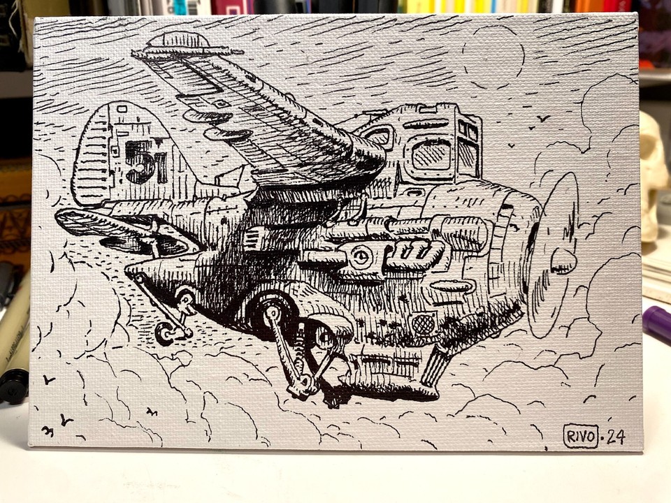  The Veteran  — a 5 x 7  canvas card ORIGINAL line ink drawing by Paul Rivoche! Comic Art
