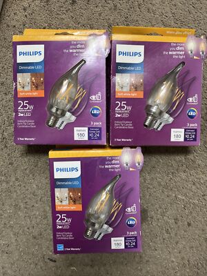 Philips 2W (25W) Candelabra Base Bent Tip Candle BA11 LED Light Bulbs(3BOX of 3)