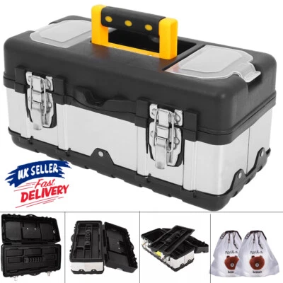 Heavy Duty PP+Stainless Steel Tool Box Chest Storage Case + Removable Tray Gift