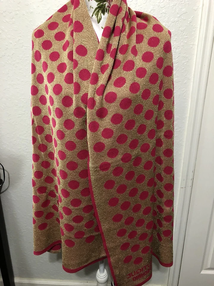 全新带标签 MOSCHINO 波尔卡圆点羊毛混纺长方形围巾 热粉色和金属金色 — 第 3/4 张图片