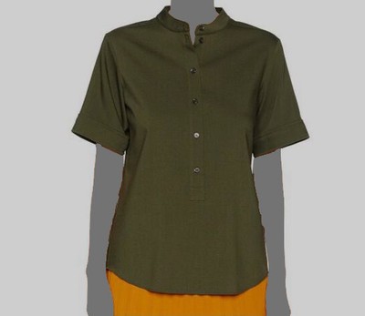 $252 Jil Sander Women Green Short-Sleeve Wool Blend Shirt Blouse Top Size 38