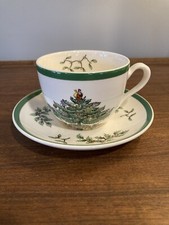 Set Of 2 Spode Christmas Tree CUP  SAUCER GREEN TRIM MADE IN ENGLAND S3324