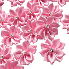 40Pcs 28Mm 1 1/8" Satin Ribbon Flowers Bows Rhinestone Appliques Pink 