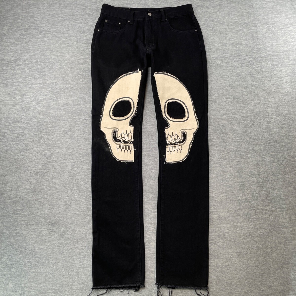 MNML Jeans Men 31x36 Black Skull Skeleton Stacked Raw Slim