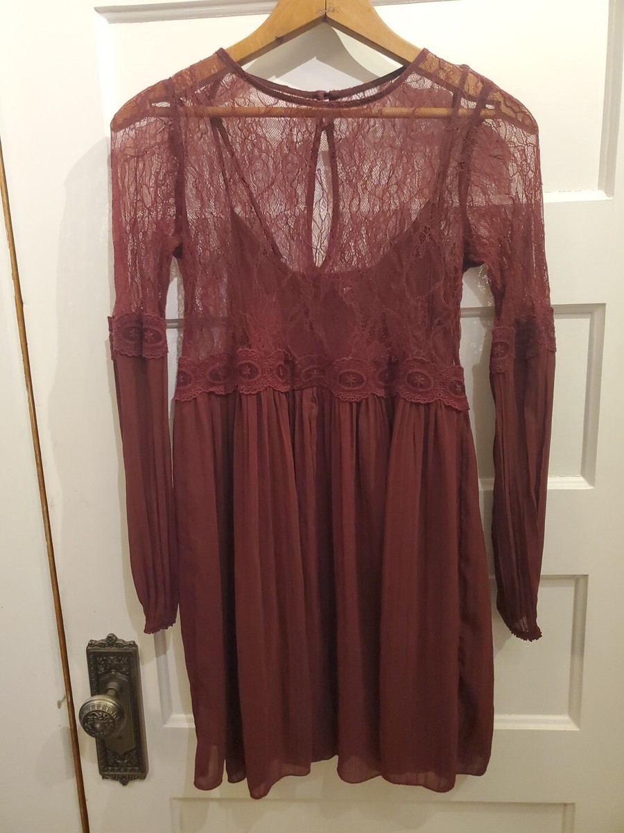 Abercrombie & Fitch Chiffon Lace Overlay Dress Maroon Burgundy Size Small