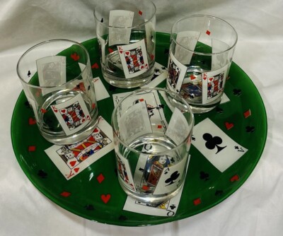 Luminarc Glass Poker Card Platter - 12.5''  And 4 Tumblers 4.25 H 3.25 D