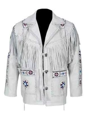 Men Native American Western Cowboy Real Leather Jacket Fringe & Beaded - White