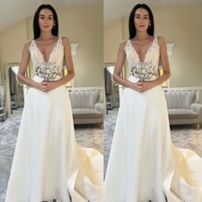 Simple Satin Wedding Dresses Deep V Neck Corset A Line Lace Top Bridal Gowns
