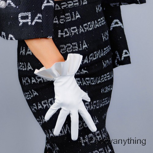Womens Faux Leather Gloves Ruffle Wrist Pleated Punk Snap Gloves Evening Party - Picture 3 of 32