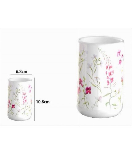 BICCHIERE PORTA SPAZZOLINO BIANCO CON FIORI IN CERAMICA ACCESSORIO BAGNO 69918 - Foto 3 di 3