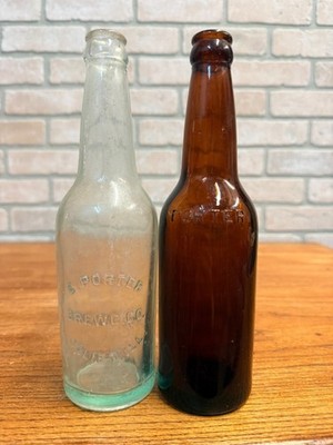 Porter's Beer Bottle Joliet, ILL. IL Crown Top Bottles Lot (2) Amber & Blue 12oz