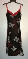 90s Y2K Bisou Bisou Midi Slip Dress Size 10 Black Red Lace Trim Butterfly Print