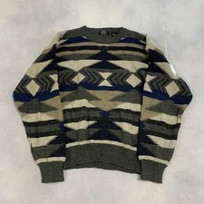 Vintage Abstract Knitted Jumper Patterned Grandad Knit Sweater Men's L