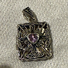 Sterling Silver 925 Marcasite Heart Locket Pendant Amethyst Vintage FAS — photo 1