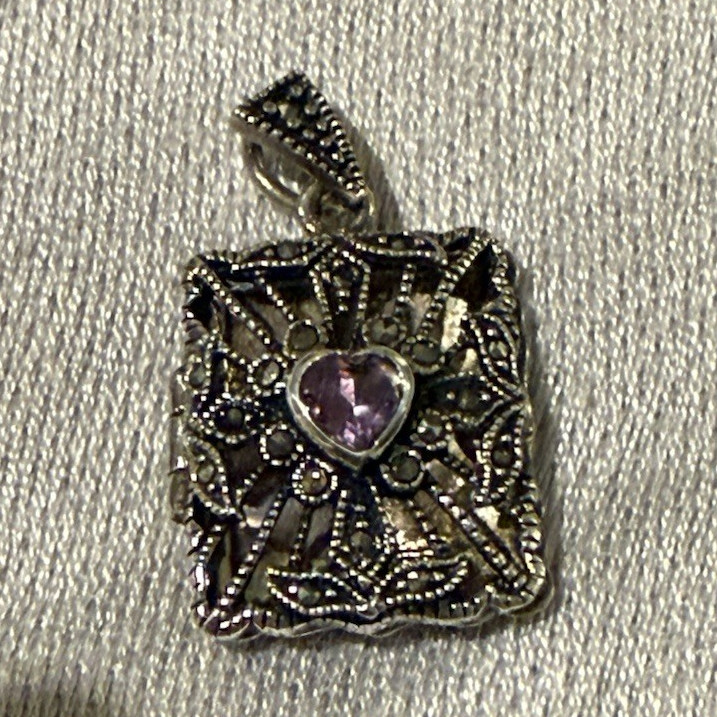 Sterling Silver 925 Marcasite Heart Locket Pendant Amethyst Vintage FAS
