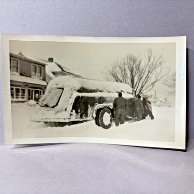 Vintage Found Photo People Trying To Push Delivery Truck Out Of Snow Storm 1950s