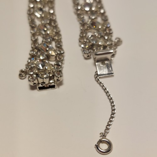 Vintage silberfarben klar Brillant Kristall Strass Armband mit Sicherheitskette 7" - Bild 6 von 7