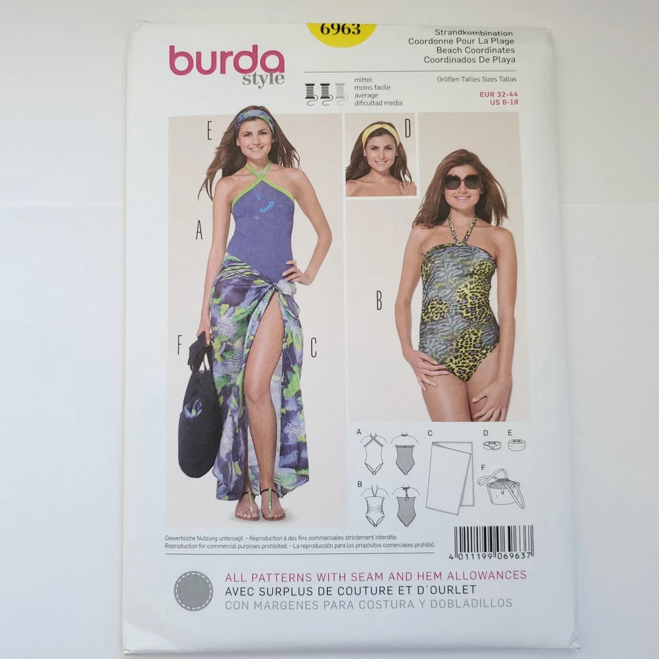 90s Burda Pattern 6963 Womens One Piece Bathing Suit Sarong 6 8 10 12 14 18 - Image 2 of 3