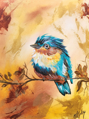 Bluebird Painting 12x16 Original Colorful Bird Wall Art Gold Accent Nature Art