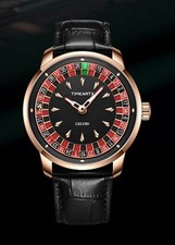 Casino Roulette Watch with Roulette Wheel That Spins. Rose Gold with Black Strap