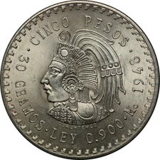 Mexico 1948 Silver 5 pesos Cuauhtemoc Aztec Chief Choice UNC