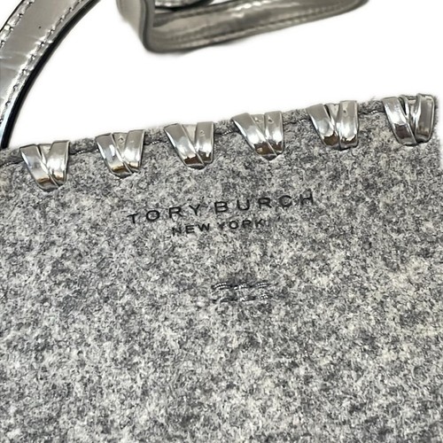 Auth TORY BURCH Block T - Light gray Silver Felt Leather Tote Bag - Picture 8 of 9